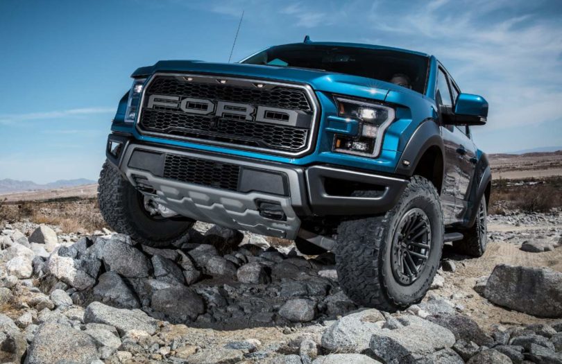 front view of a blue 2020 Ford F 150 Raptor o 810x525